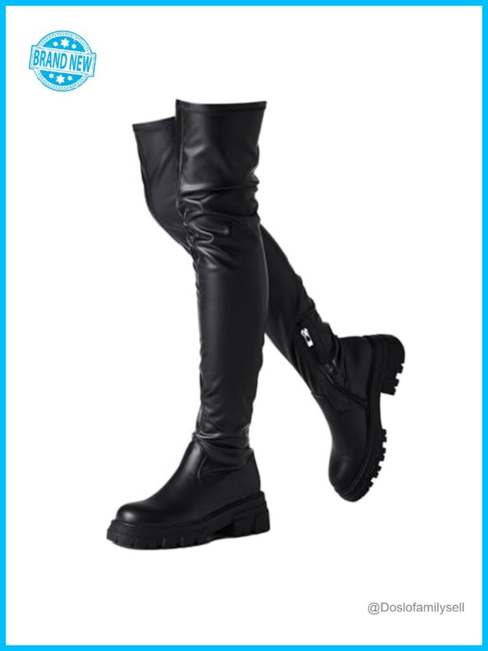 Women's Faux Leather Thigh High Platform Boots Chunky Lug Sole Over The Knee
